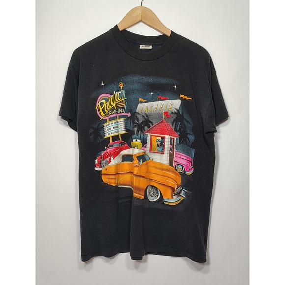 Vintage 90s SSI Pacific Drive-In Graphic T-Shirt Mens Large Black Single Stitch